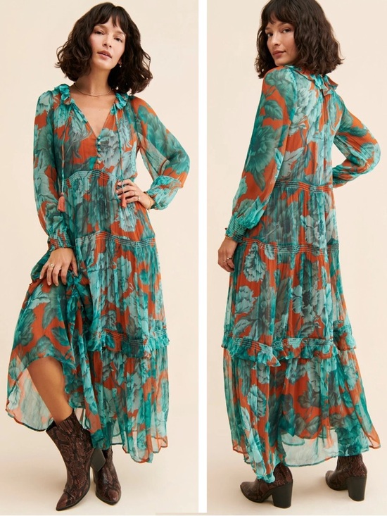 by Anthropology - The Marais Printed Tiered Maxi Dress - Brown Teal Floral - Picture 2 of 16